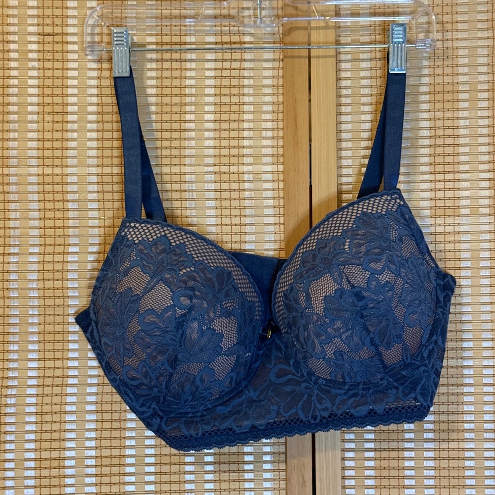 Daisy Fuentes Navy Blue Floral Lace Longline Underwire Bra 38DD DF1510X-2PK